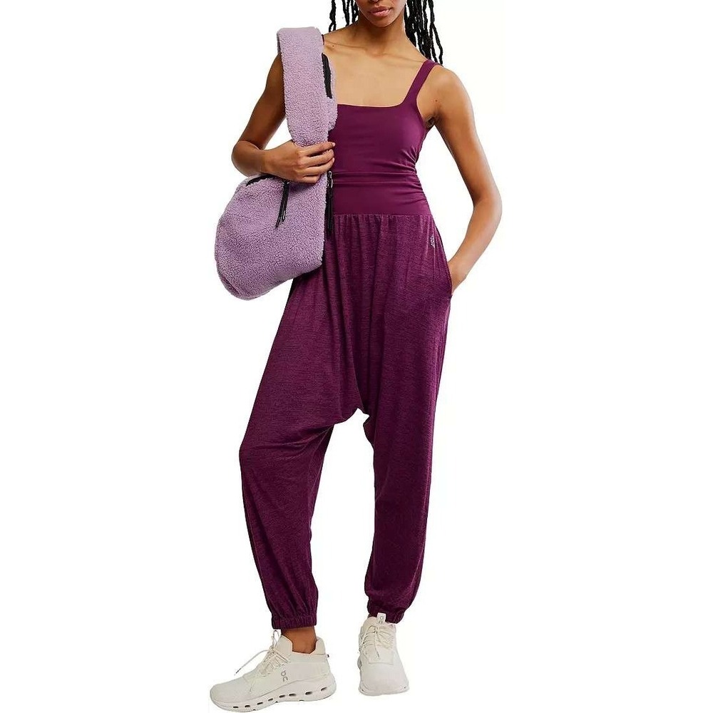 $ 128 Free People Shiny Happy Jumpsuit Womens Medium Purple OB2007763 Harem Yoga